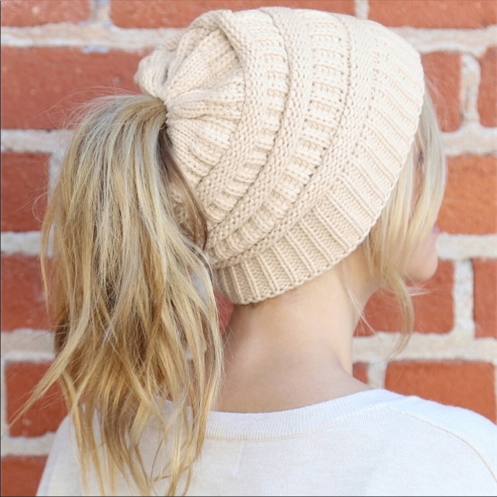 Messy Bun Beanie in Cream - Picture 2 of 4